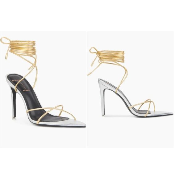 Black Suede Studio Talia Heel Pointy Sandal in Silver Gold 39 New with Box Women - Picture 14 of 15